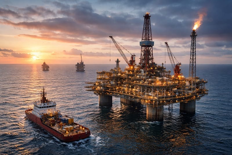Offshore platform at sunset